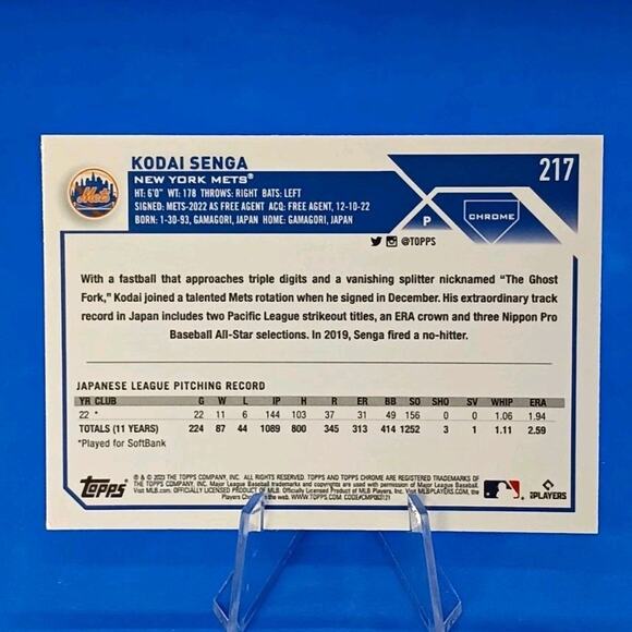 2023 Topps Chrome - Kodai Senga #217 (RC) NY Mets - Picture 4 of 5